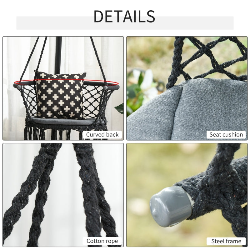 Outsunny Hanging Hammock Chair Cotton Rope Porch Swing with Metal Frame and Cushion, Large Macrame Seat for Patio, Bedroom, Living Room, Dark Grey