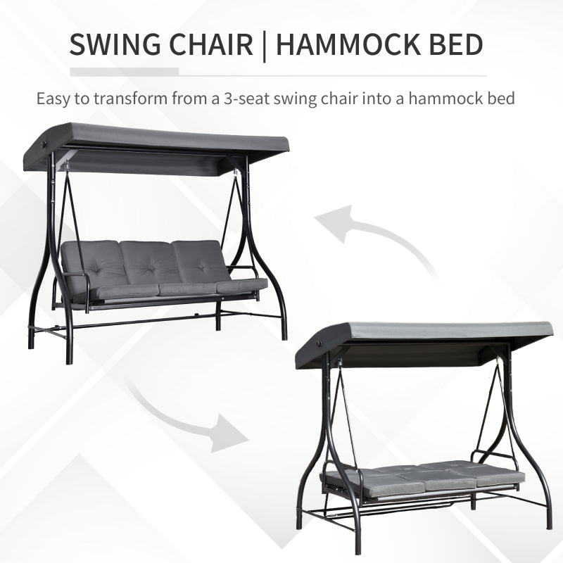 Outsunny 3 Seater Canopy Swing Chair Porch Hammock Heavy Duty 2 in 1 Garden Bench Lounger Bed with Metal Frame - Dark Grey