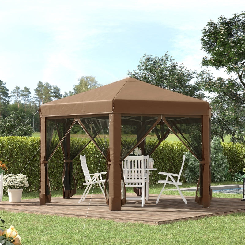 Outsunny 3.2m Pop Up Gazebo Hexagonal Canopy Tent Outdoor Sun Protection with Mesh Sidewalls, Handy Bag, Brown