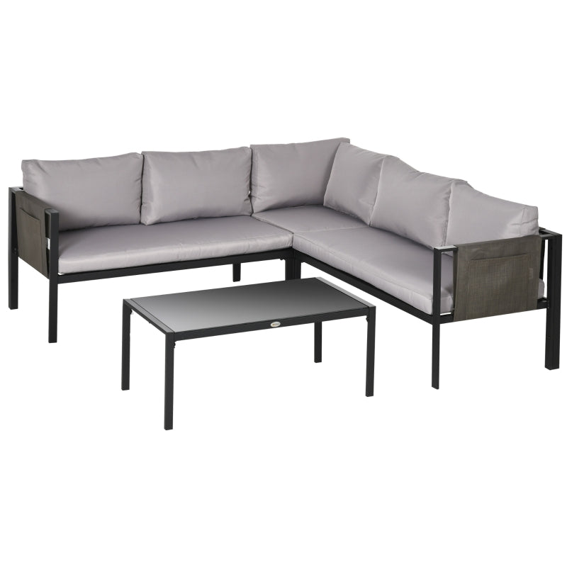 Outsunny 4 Piece Garden Furniture Set Metal Sofa Set w/ Tempered Glass Coffee Table, Conversational Corner Sofa Loveseat w/Padded Cushions Light Grey