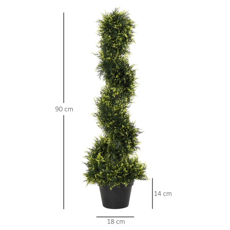 Outsunny Set Of 2 Artificial Tree 90cm/3FT Artificial Spiral Topiary Trees w/ Pot Fake Indoor Outdoor Greenery Plant Home Office Garden Décor Green