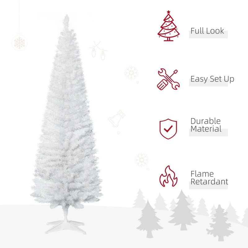 HOMCOM 1.8m 6ft Artificial Pine Pencil Slim Tall Christmas Tree with 390 Branch Tips Xmas Holiday Décor with Stand White