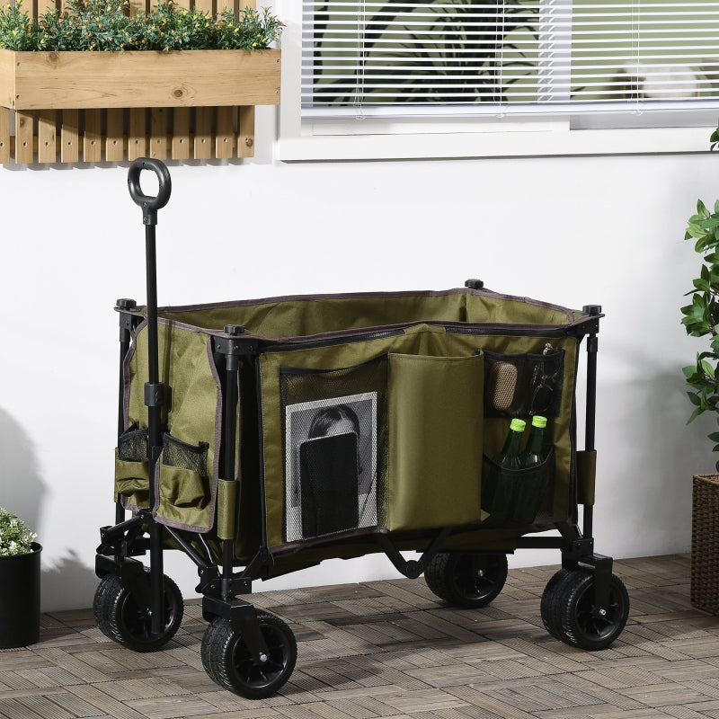 Outsunny Folding Garden Trolley on Wheels, Collapsible Camping Trolley, Outdoor Utility Wagon with Steel Frame and Oxford Fabric, Green