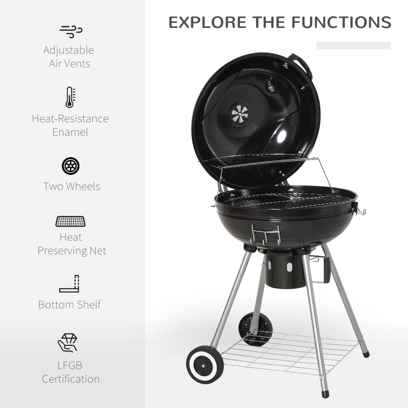 Outsunny Charcoal BBQ Portable Kettle BBQ Charcoal Grill Outdoor Barbecue Picnic Party Camping w/ Wheels