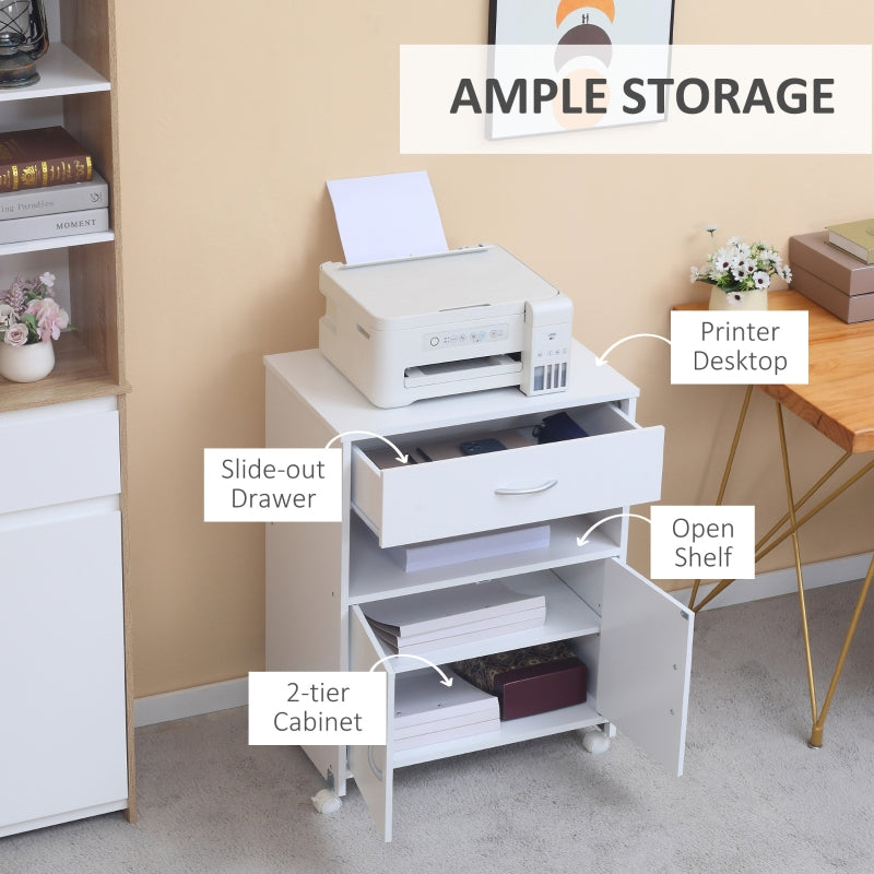 Vinsetto Printer Stand Mobile Printer Cabinet with Storage, Open Shelf, Drawer for Home, Office, White