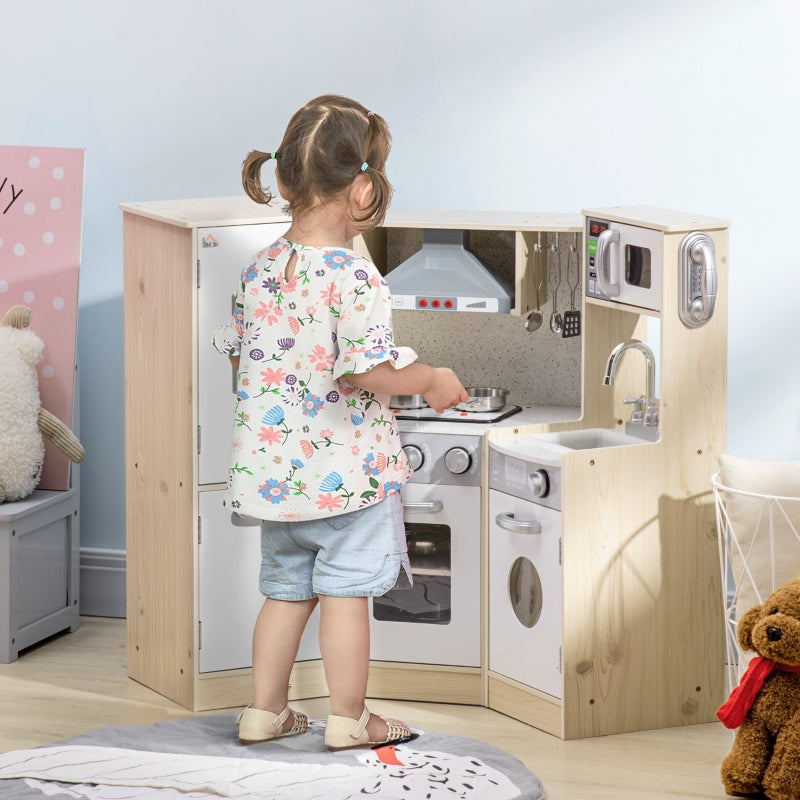 HOMCOM Toy Kitchen for Kids with Role Play Accessories, Wooden Corner Pretend Kitchen with Sound and Light, Phone, Microwave, Refrigerator, Ice Maker