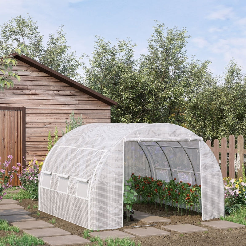 Outsunny 3 x 3 x 2 m Polytunnel Greenhouse, Walk in Pollytunnel Tent with Steel Frame, Reinforced Cover Zippered Door 6 Windows for Garden White