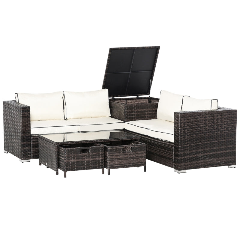 Outsunny 4-Seater Rattan Garden Furniture Patio Sofa Set Storage & Table Set w/ 2 Drawers Coffee Table & Corner Sofa, Brown