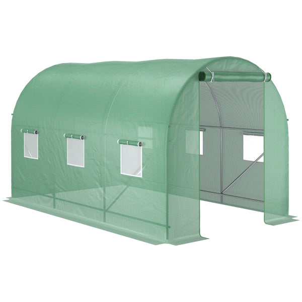 Outsunny 3.5 x 2 x 2 m Polytunnel Greenhouse, Walk in Pollytunnel Tent with Steel Frame, PE Cover, Roll Up Door and 6 Windows, Green