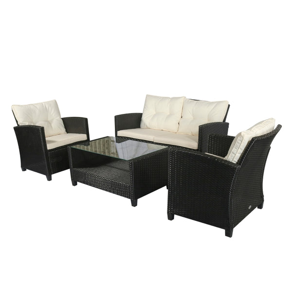 Outsunny 4-Seater Rattan Sofa Set Wicker Garden Furniture All Weather PE Rattan Chairs and Coffee Table for Backyard Patio w/ Cushions, Black