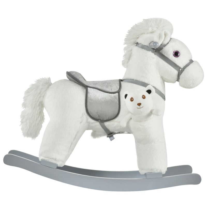 HOMCOM Kids Plush Ride-On Rocking Horse Toy Rocker with Plush Toy Realistic Sounds for Child 18-36 Months White