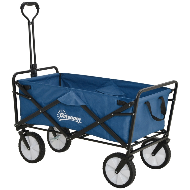 Outsunny Pull Along Cart Folding Cargo Wagon Trailer Trolley for Beach Garden Use with Telescopic Handle - Blue