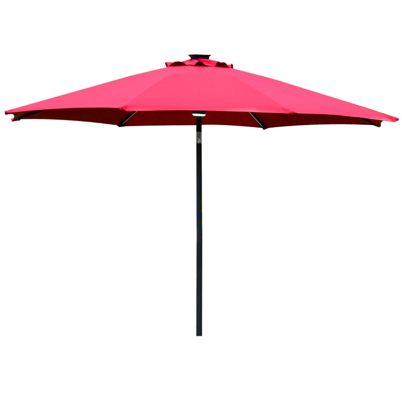 Outsunny 2.7m Garden Parasol Sun Umbrella Patio Summer Shelter w/ LED Solar Light, Angled Canopy, Vent, Crank Tilt, Red