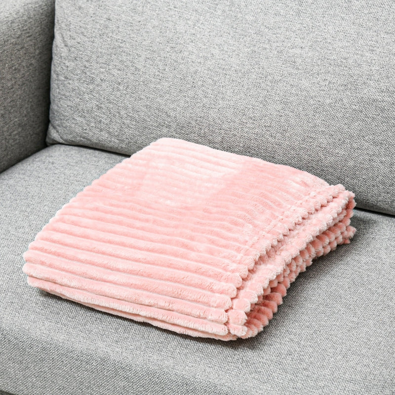 HOMCOM Flannel Fleece Throw Blanket, Fluffy Warm Throw Blanket, Striped Reversible Travel Bedspread, Single Size, 152 x 128cm, Pink