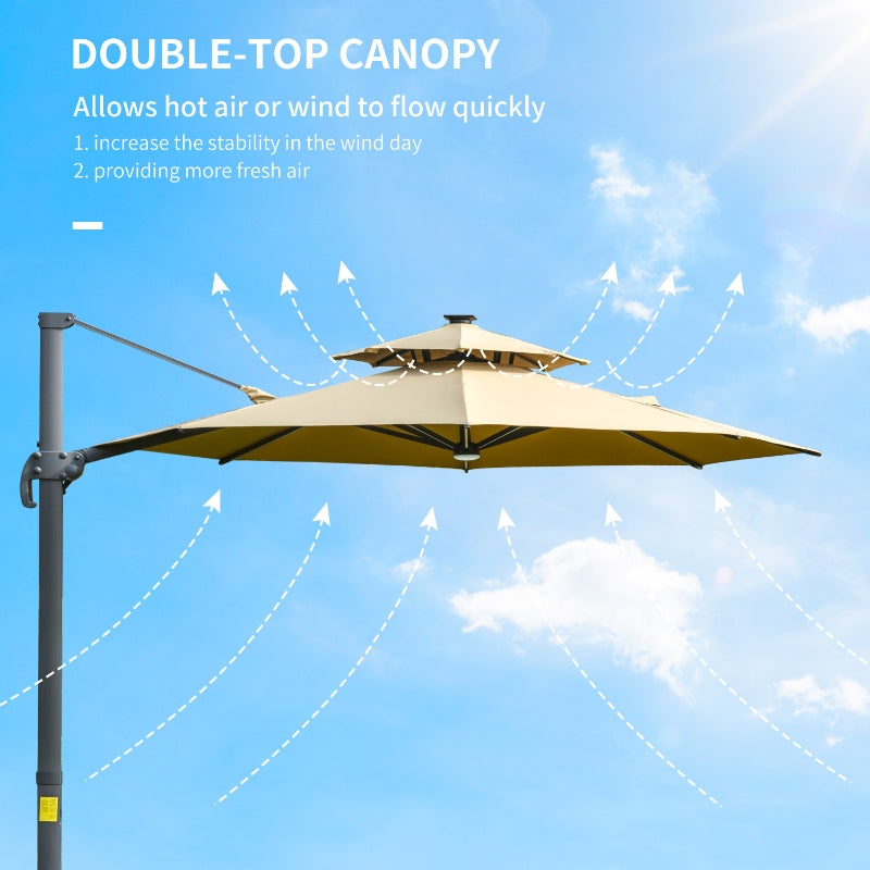 Outsunny 3m Cantilever Parasol w/ Solar Lights Power Bank Cross Base Adjustable Canopy 360° Spin Outdoor Garden Umbrella 2-Tier Roof Sun Shade Khaki