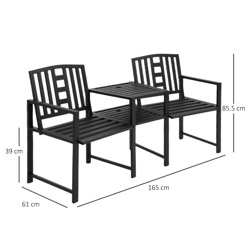 Outsunny Patio Tete-a-tete Chair 2 Seat Bench Middle Coffee Table w/ Umbrella Hole for Outdoors Decorative Slatted Design Steel Frame Black