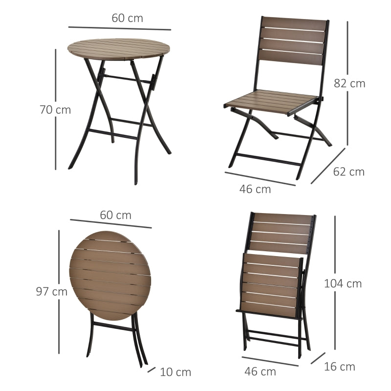 Outsunny 3 Pcs Folding Bistro Dining Set 2 Single Chair 1 Dining Table Metal Frame Plastic Panel Slatted Compact Garden Outdoor Apartment Black&Brown