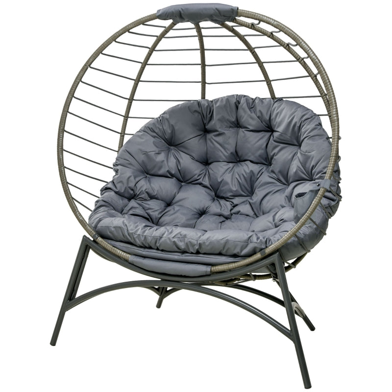 Outsunny Folding Rattan Egg Chair, Freestanding Basket Chair with Cushion, Bottle Holder Bag for Outdoor or Indoor, Grey and Black