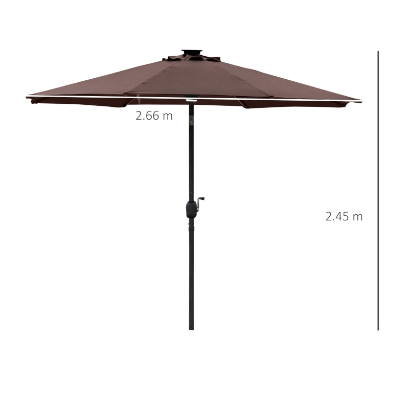 Outsunny 2.7m Garden Parasol Sun Umbrella Patio Summer Shelter w/ LED Solar Light, Angled Canopy, Vent, Crank Tilt, Coffee Brown