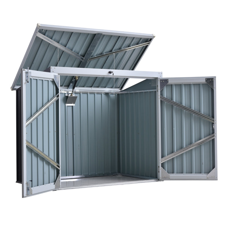 Outsunny 5ft x 3ft Garden 2-Bin Corrugated Steel Rubbish Storage Shed w/ Locking Doors Lid Outdoor Hygienic Dustbin Unit Garbage Trash Cover