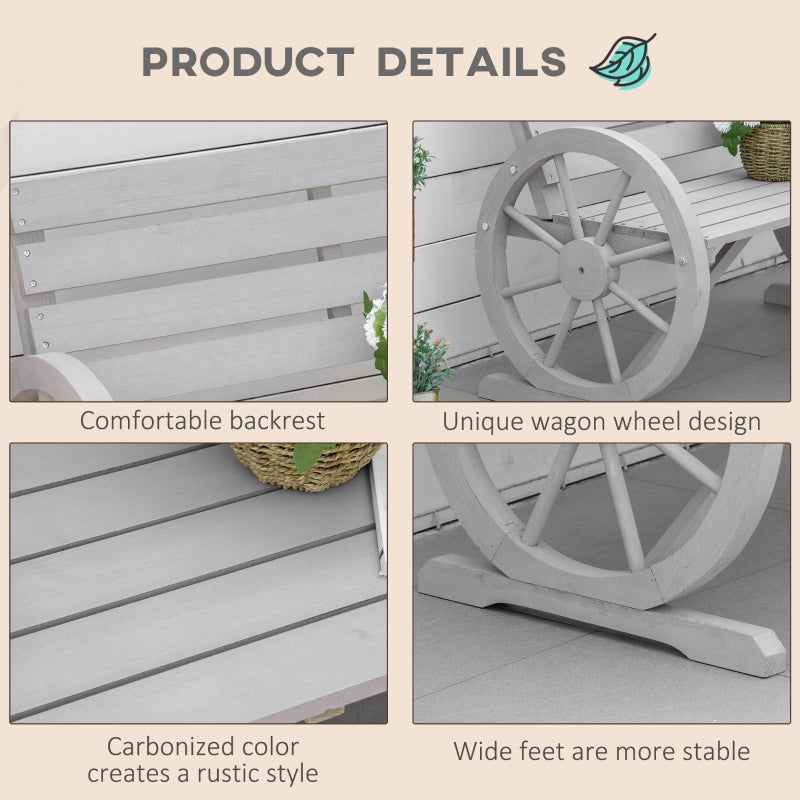 Outsunny 2 Seater Garden Bench Outdoor Garden Armrest Chair with Wooden Cart Wagon Wheel Rustic High Back Grey