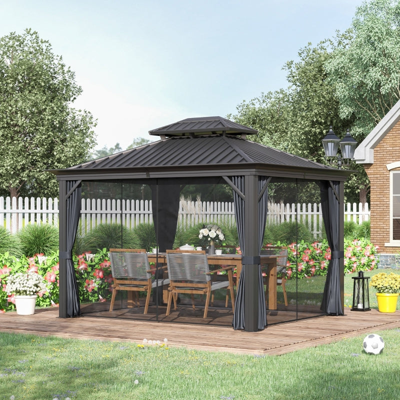 Outsunny 3.7 x 3(m) Outdoor Hardtop Gazebo Canopy Aluminum Frame with 2-Tier Roof & Mesh Netting Sidewalls for Patio, Grey