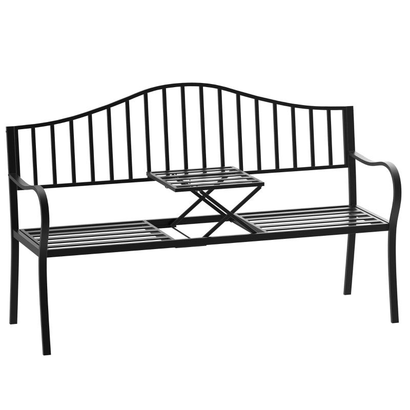 Outsunny Outdoor Metal Frame Bench Patio Park Garden Seating Chair with Foldable Middle Table