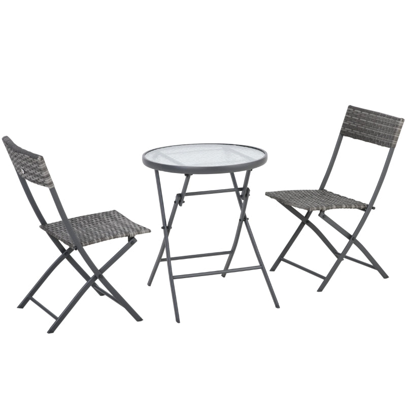 Outsunny 2 Seater Rattan Bistro Set Outdoor Foldable Wicker Conversation Balcony Furniture Set for Outdoor Yard Porch Poolside Lawn Balcony Grey