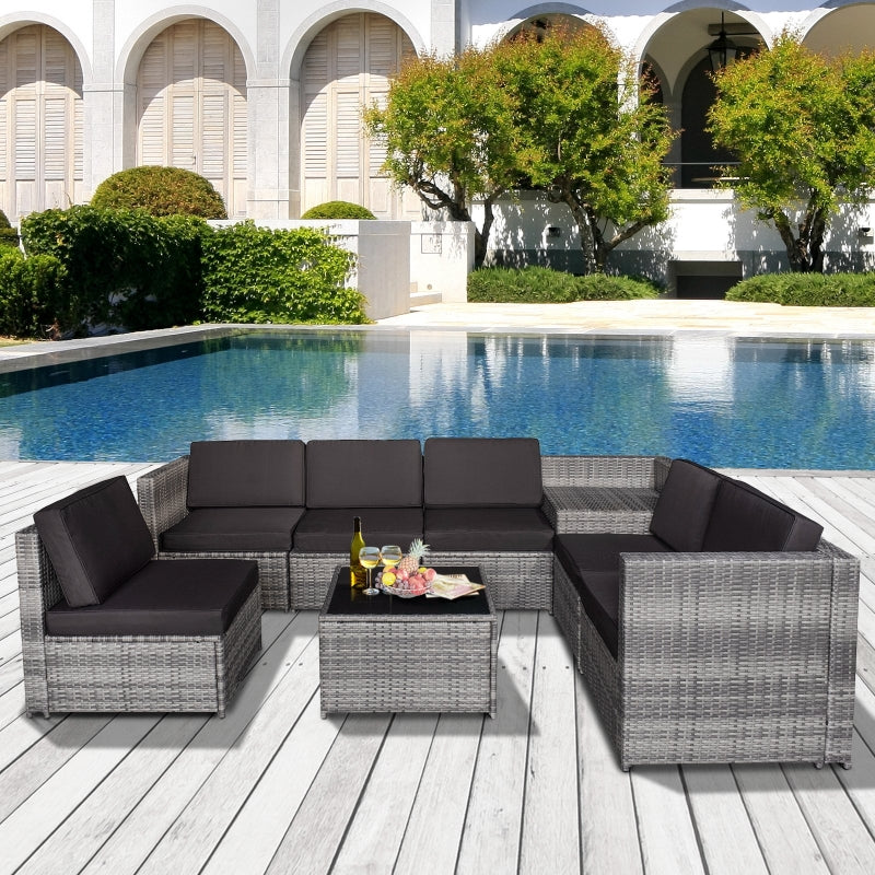 Outsunny 6 Seater Rattan Garden Furniture Patio Rattan Sofa and Table Set with Cushions 8 pcs Corner Wicker Seat Grey