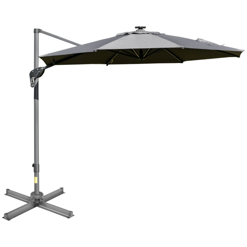 Outsunny 3m Cantilever Roma Parasol Adjustable Garden Sun Umbrella with LED Solar Light Cross Base Rotating Outdoor- Grey