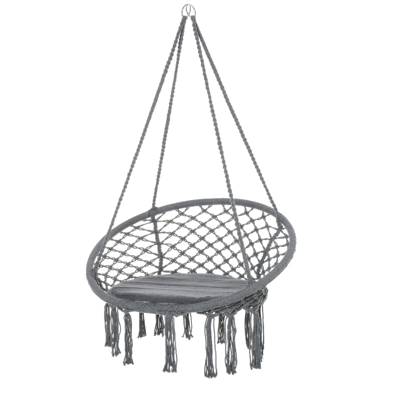 Outsunny Cotton-Polyester Blend Macrame Hanging Chair Swing Hammock for Indoor & Outdoor Use with Backrest, Fringe Tassels, Grey