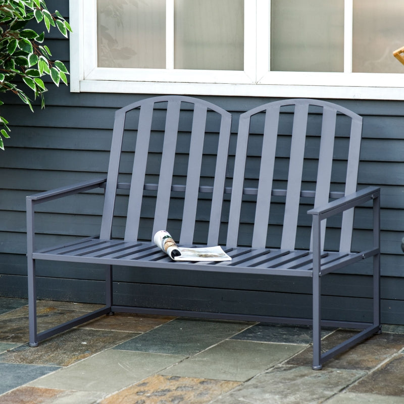 Outsunny Garden Bench Loveseat 2 Seat Chair for Outdoor Park, Yard, Steel Frame, Decorative Slatted Design, Grey