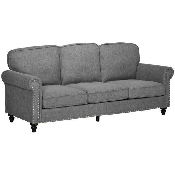 HOMCOM 3 Seater Sofas for Living Room, Fabric Couch with Nailhead Trim, Rolled Arms and Cushions, Grey