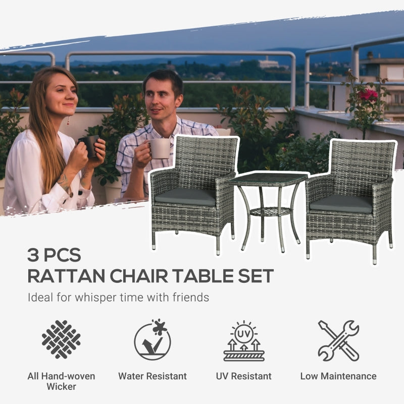 Outsunny 3 PCs Rattan Garden Bistro Set with Cushions Patio Weave Companion Chair Table Set Conservatory, Light Grey