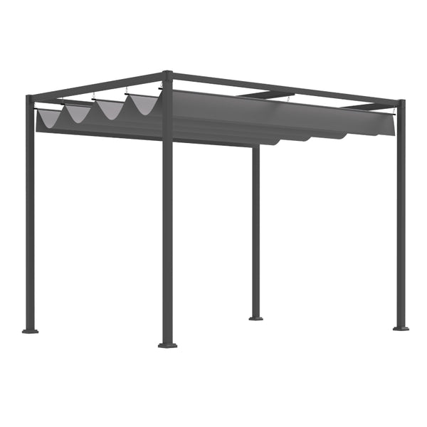 Outsunny 3 x 2 m Outdoor Pergola Gazebo Wall Mounted Retractable Canopy Garden Shelter Sun Shade Party with Metal Frame, Grey