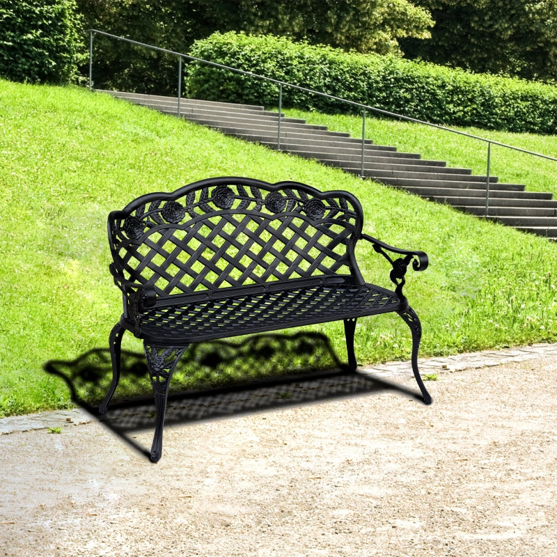 Outsunny Cast Aluminium Garden Bench Outdoor Patio 2 Seater High Back Chair Armrest Antique Style Black