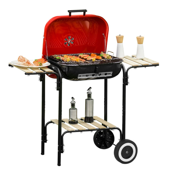 Outsunny Charcoal Grill Trolley Charcoal BBQ Barbecue Patio Camping Picnic Garden Party Outdoor Cooking with Lid Wheels Side Trays and Storage Shelf