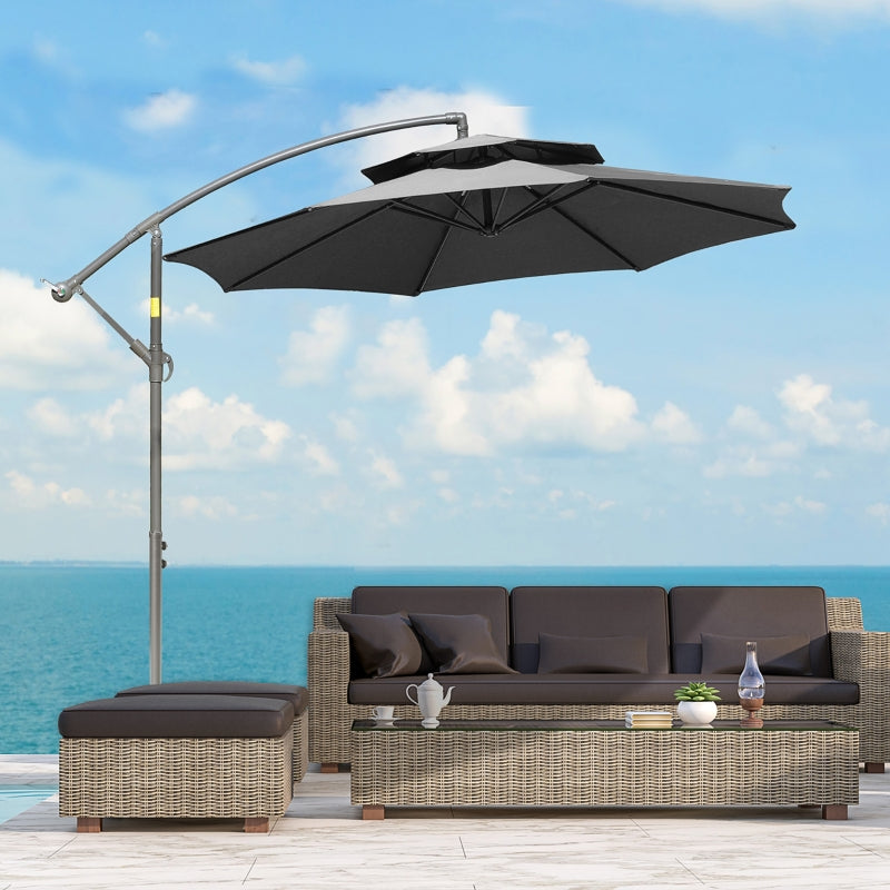 Outsunny 2.7m Garden Banana Parasol Cantilever Umbrella with Crank Handle, Double Tier Canopy and Cross Base for Outdoor, Hanging Sun Shade, Dark Grey