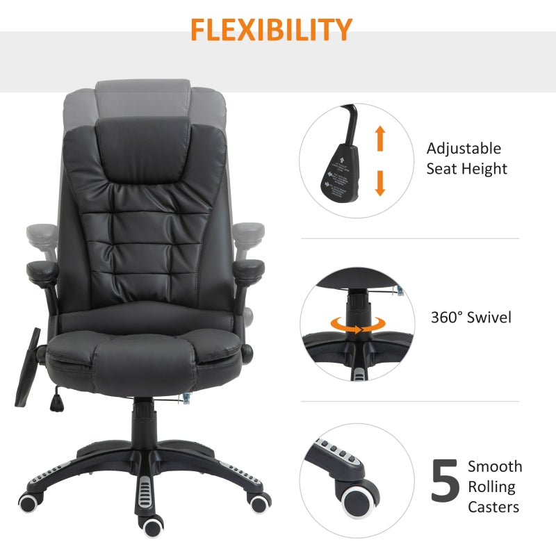 HOMCOM Massage Chair with Heat, High Back PU Leather Executive Office Chair W/ Tilt and Reclining Function, Black