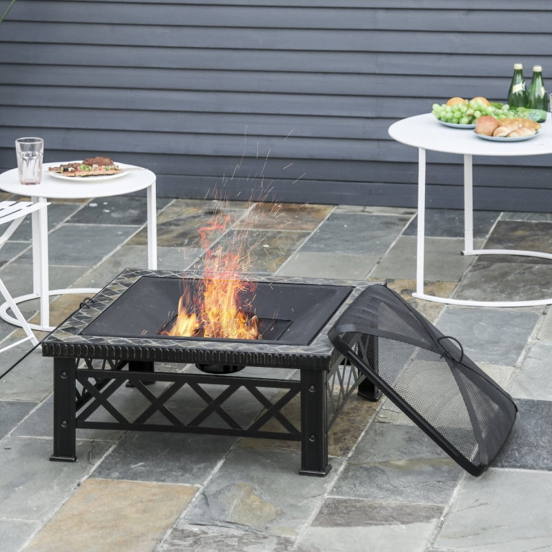 Outsunny 3 in 1 Square Fire Pit Square Table Metal Brazier for Garden, Patio with BBQ Grill Shelf, Spark Screen Cover, Grate, Poker, 76 x 76 x 47cm