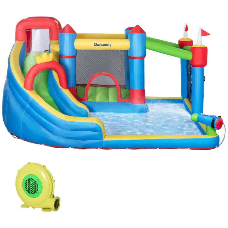 Outsunny 5 in 1 Kids Bounce Castle Large Castle Style Inflatable House Slide Trampoline Pool Water Gun Climbing Wall for Kids Age 3-8