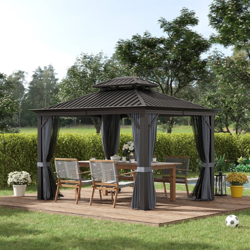 Outsunny 3.7 x 3(m) Outdoor Hardtop Gazebo Canopy Aluminum Frame with 2-Tier Roof & Mesh Netting Sidewalls for Patio, Grey