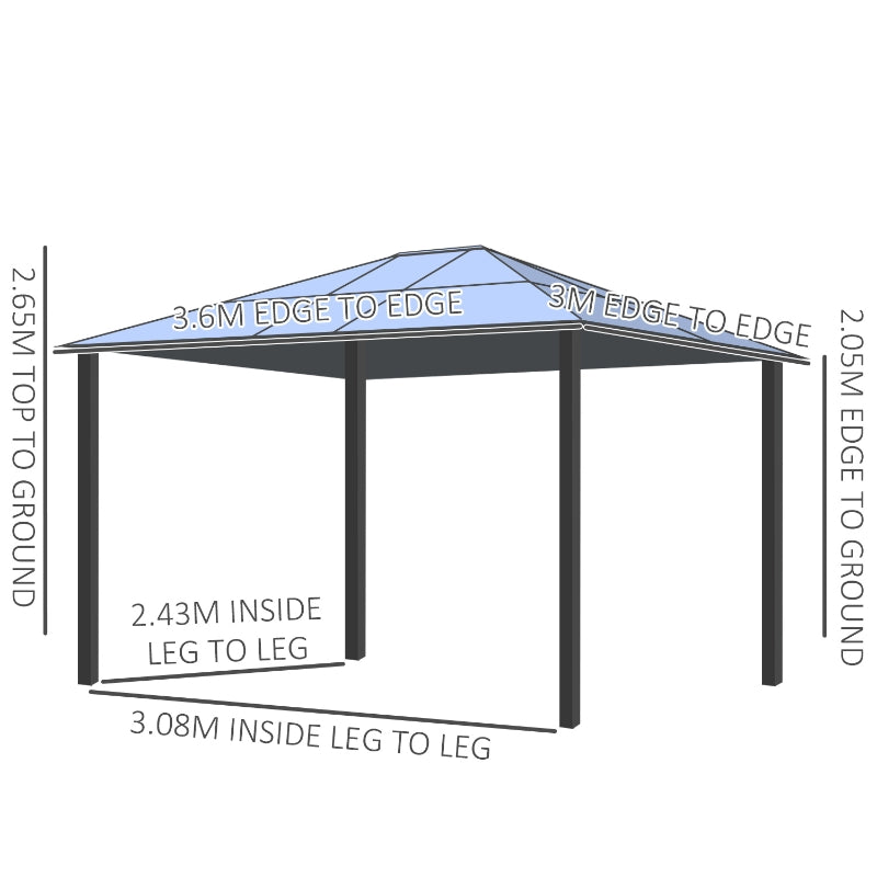 Outsunny 3.6 x 3(m) Hardtop Gazebo with UV Resistant Polycarbonate Roof & Aluminium Frame, Garden Pavilion with Mosquito Netting and Curtains