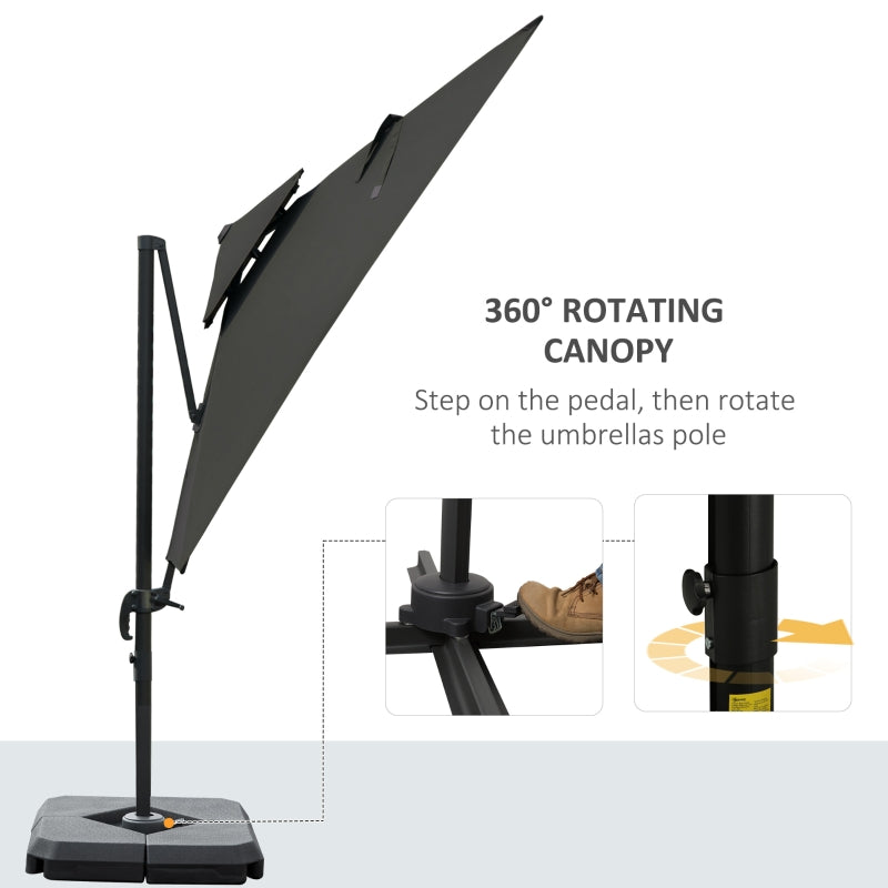 Outsunny 3 x 3(m) Garden Cantilever Roma Parasol with Crank and Tilt, Square Overhanging Patio Umbrella with 360° Rotation, Sun Shade Canopy with Base