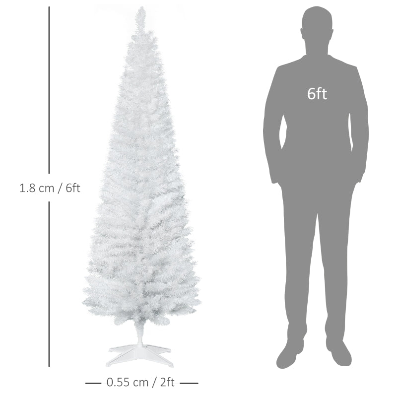 HOMCOM 1.8m 6ft Artificial Pine Pencil Slim Tall Christmas Tree with 390 Branch Tips Xmas Holiday Décor with Stand White