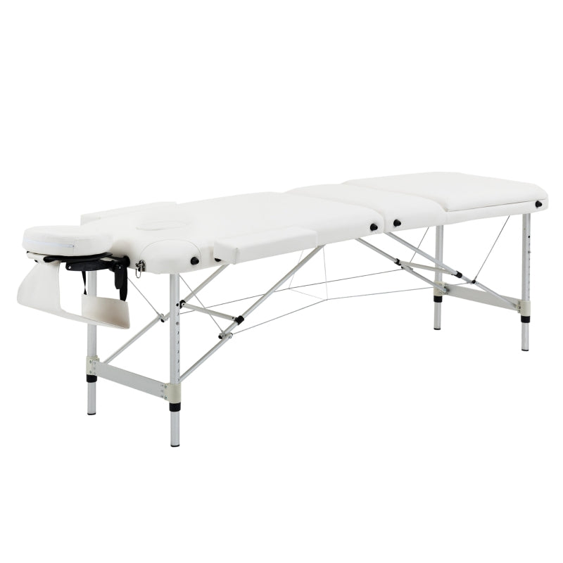 HOMCOM Folding PVC Leather Massage Table Aluminium Frame w/ Headrest Armrests Padding Handle Carry Bag Adjustable Height 3-Way Tri-Fold White