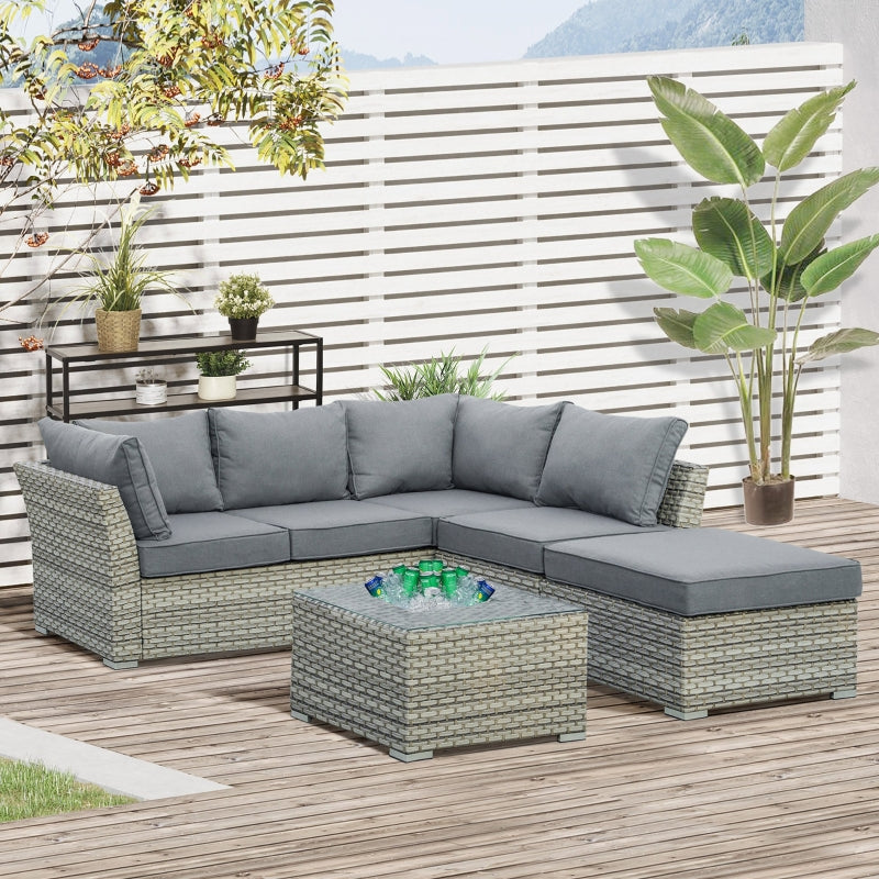 Outsunny 5-Seater PE Rattan Sofa Set Patio Corner Sofa Wicker Sectional Conversation Aluminum Frame Furniture Set w/ Padded Cushion, Light Grey