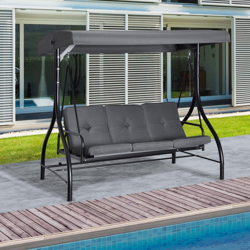 Outsunny 3 Seater Canopy Swing Chair Porch Hammock Heavy Duty 2 in 1 Garden Bench Lounger Bed with Metal Frame - Dark Grey