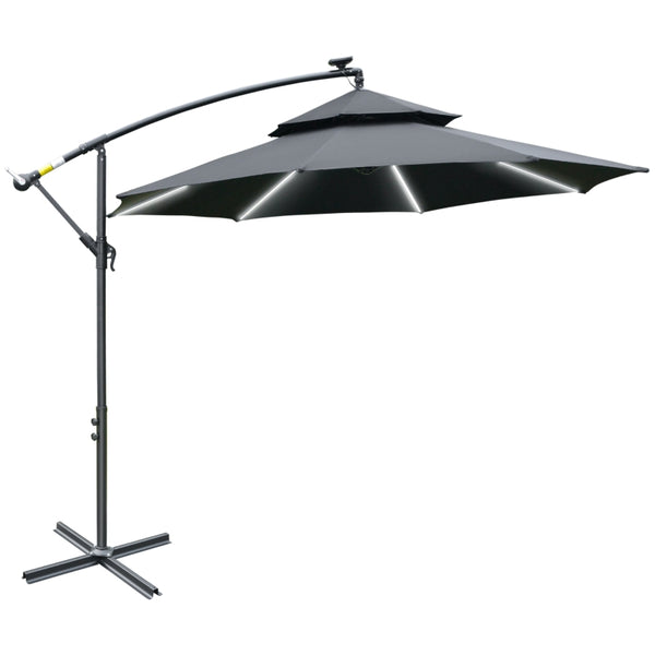 Outsunny 3(m) Cantilever Banana Parasol Hanging Umbrella with Double Roof, LED Solar lights, Crank, 8 Sturdy Ribs and Cross Base, Black