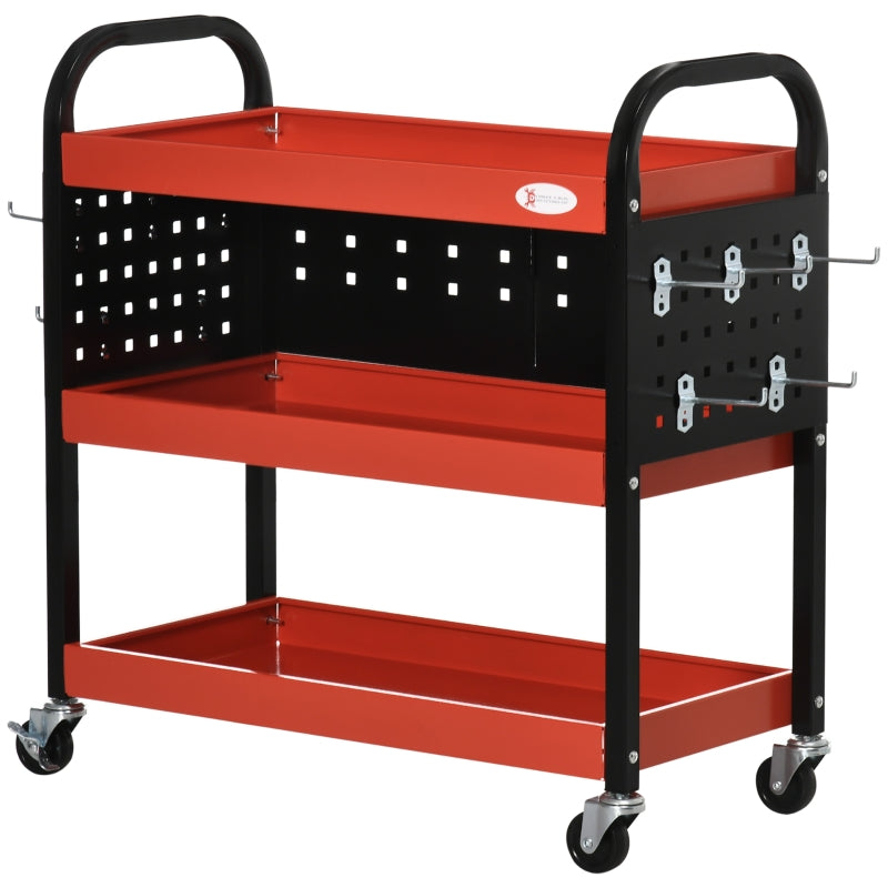 DURHAND 3 Tier Shelf Tool Cart Storage Trolley Wheel Cart for Garage Workshop Warehouse DIY Tool with 10 Hooks 100 kg Red